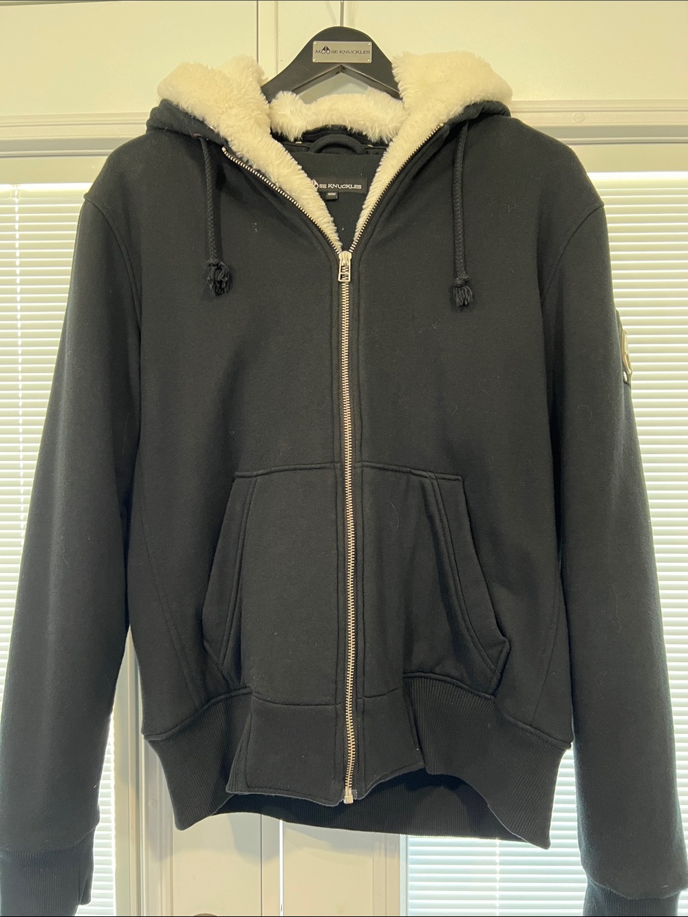 Moose Knuckles Black Hoodie with Cream Sherpa Lining